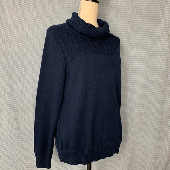 Women's HAGGAR Sweater / NAVY BLUE Cowl Neck Sweater / Diamond Pattern Sweater / - Picture 2 of 5